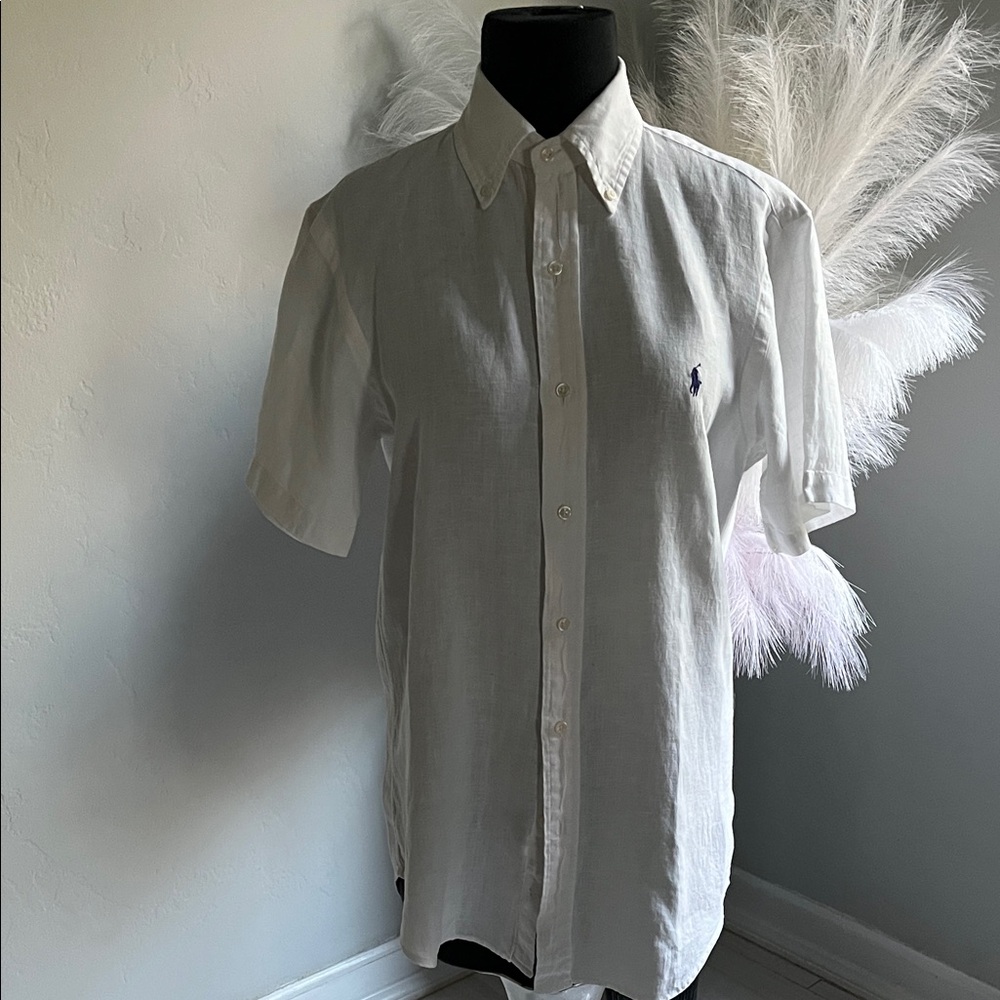 Ralph Lauren White Short-Sleeve Linen Button-Down Shirt with Polo Logo